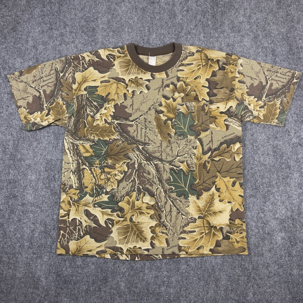 Vintage Camo T-Shirt Mens XL Brown Advantage Leaf Print Single Stitch Pocket Tee
